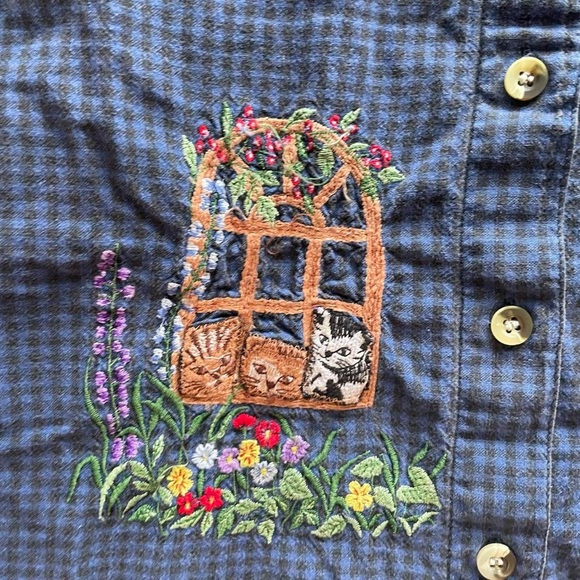Vintage 90s Cottagecore Embroidered Cat Button-Up – Casey & Max Whimsical Plaid - Picture 2 of 8